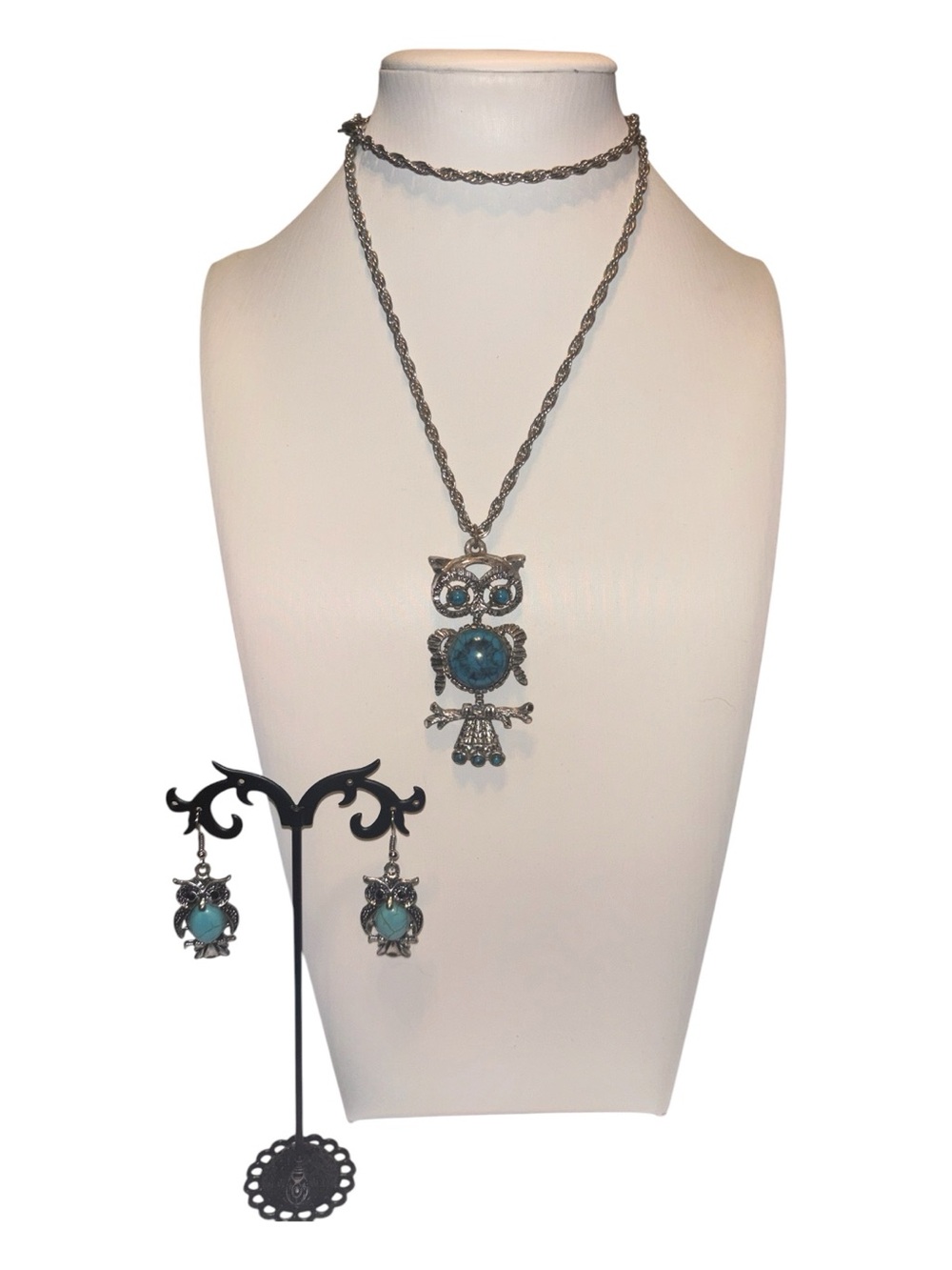 Silver-Tone Owl Pendant Necklace & Earring Set with faux Turquoise Accents